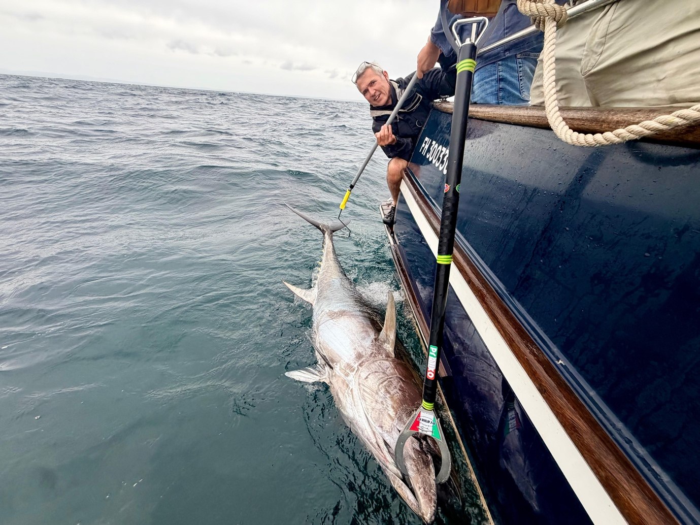 A bluefin tuna alongside the boat